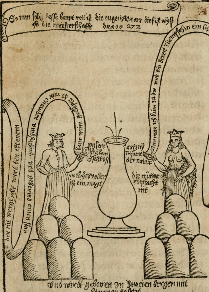 An illustration from Pandora, das ist, Die edleste Gab Gottes, oder, Der werde vnnd heilsamme Stein der Weysen, mit welchem die alten Philosophi, auch Theophrastus Paracelsus, die vnvolkom[m]ene Metallen, durch Gewalt des Fewrs verbessert, sampt allerley schädliche vnd unheilsame Kranckheiten, innerlich vnd eusserlich haben vertrieben : ein Guldener Schatz, welcher durch einen Liebhaber diser Kunst, von seinem Untergang errettet ist worden, vnnd zu Nutz allen Menschen, fürnem[m]lich den Liebhabern der Paracelsischen Artzney, erst jetz in Truck verfertiget, 1582, leaf 45