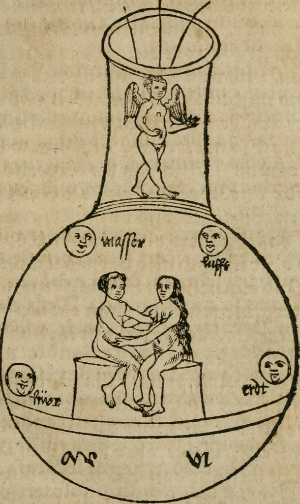 An illustration from Pandora, das ist, Die edleste Gab Gottes, oder, Der werde vnnd heilsamme Stein der Weysen, mit welchem die alten Philosophi, auch Theophrastus Paracelsus, die vnvolkom[m]ene Metallen, durch Gewalt des Fewrs verbessert, sampt allerley schädliche vnd unheilsame Kranckheiten, innerlich vnd eusserlich haben vertrieben : ein Guldener Schatz, welcher durch einen Liebhaber diser Kunst, von seinem Untergang errettet ist worden, vnnd zu Nutz allen Menschen, fürnem[m]lich den Liebhabern der Paracelsischen Artzney, erst jetz in Truck verfertiget, 1582, leaf 50