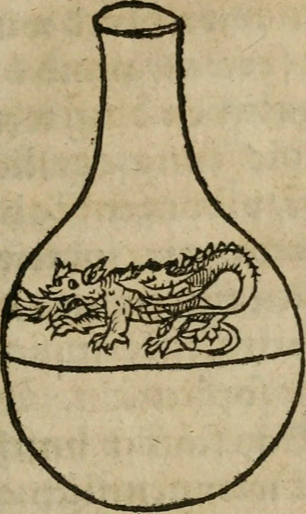 An illustration from Pandora, das ist, Die edleste Gab Gottes, oder, Der werde vnnd heilsamme Stein der Weysen, mit welchem die alten Philosophi, auch Theophrastus Paracelsus, die vnvolkom[m]ene Metallen, durch Gewalt des Fewrs verbessert, sampt allerley schädliche vnd unheilsame Kranckheiten, innerlich vnd eusserlich haben vertrieben : ein Guldener Schatz, welcher durch einen Liebhaber diser Kunst, von seinem Untergang errettet ist worden, vnnd zu Nutz allen Menschen, fürnem[m]lich den Liebhabern der Paracelsischen Artzney, erst jetz in Truck verfertiget, 1582, leaf 62