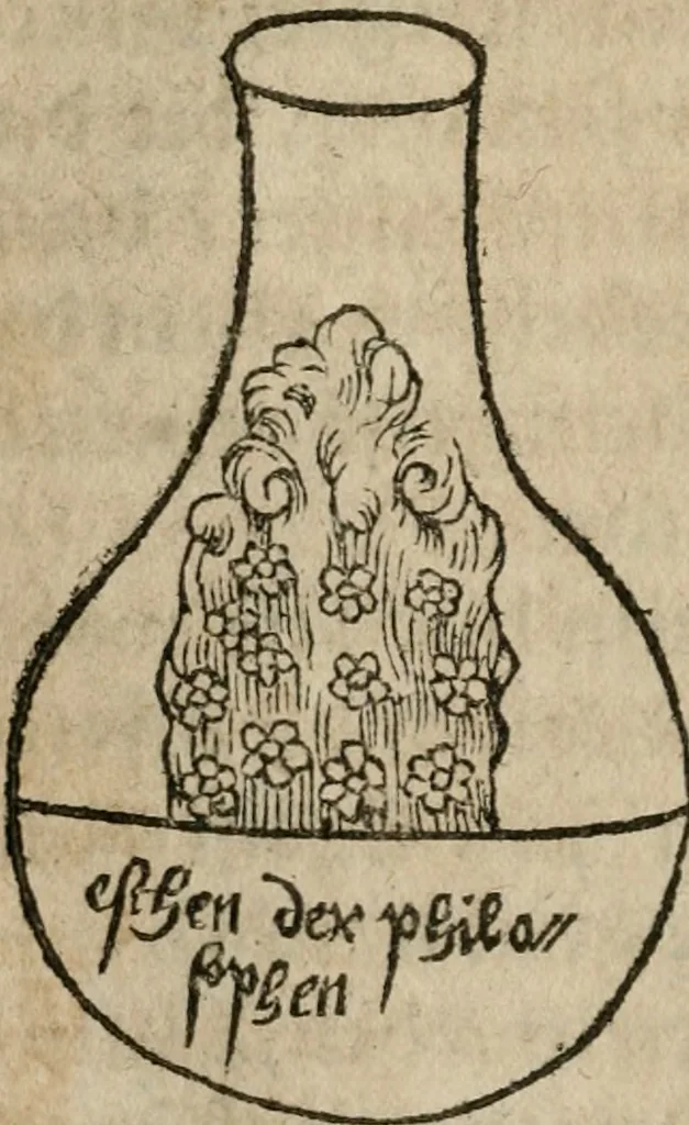 An illustration from Pandora, das ist, Die edleste Gab Gottes, oder, Der werde vnnd heilsamme Stein der Weysen, mit welchem die alten Philosophi, auch Theophrastus Paracelsus, die vnvolkom[m]ene Metallen, durch Gewalt des Fewrs verbessert, sampt allerley schädliche vnd unheilsame Kranckheiten, innerlich vnd eusserlich haben vertrieben : ein Guldener Schatz, welcher durch einen Liebhaber diser Kunst, von seinem Untergang errettet ist worden, vnnd zu Nutz allen Menschen, fürnem[m]lich den Liebhabern der Paracelsischen Artzney, erst jetz in Truck verfertiget, 1582, leaf 65