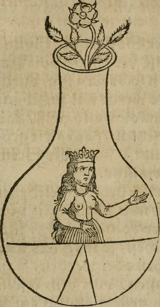 An illustration from Pandora, das ist, Die edleste Gab Gottes, oder, Der werde vnnd heilsamme Stein der Weysen, mit welchem die alten Philosophi, auch Theophrastus Paracelsus, die vnvolkom[m]ene Metallen, durch Gewalt des Fewrs verbessert, sampt allerley schädliche vnd unheilsame Kranckheiten, innerlich vnd eusserlich haben vertrieben : ein Guldener Schatz, welcher durch einen Liebhaber diser Kunst, von seinem Untergang errettet ist worden, vnnd zu Nutz allen Menschen, fürnem[m]lich den Liebhabern der Paracelsischen Artzney, erst jetz in Truck verfertiget, 1582, leaf 68