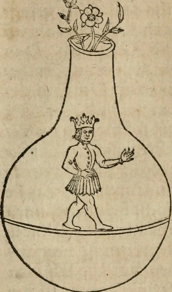 An illustration from Pandora, das ist, Die edleste Gab Gottes, oder, Der werde vnnd heilsamme Stein der Weysen, mit welchem die alten Philosophi, auch Theophrastus Paracelsus, die vnvolkom[m]ene Metallen, durch Gewalt des Fewrs verbessert, sampt allerley schädliche vnd unheilsame Kranckheiten, innerlich vnd eusserlich haben vertrieben : ein Guldener Schatz, welcher durch einen Liebhaber diser Kunst, von seinem Untergang errettet ist worden, vnnd zu Nutz allen Menschen, fürnem[m]lich den Liebhabern der Paracelsischen Artzney, erst jetz in Truck verfertiget, 1582, leaf 71