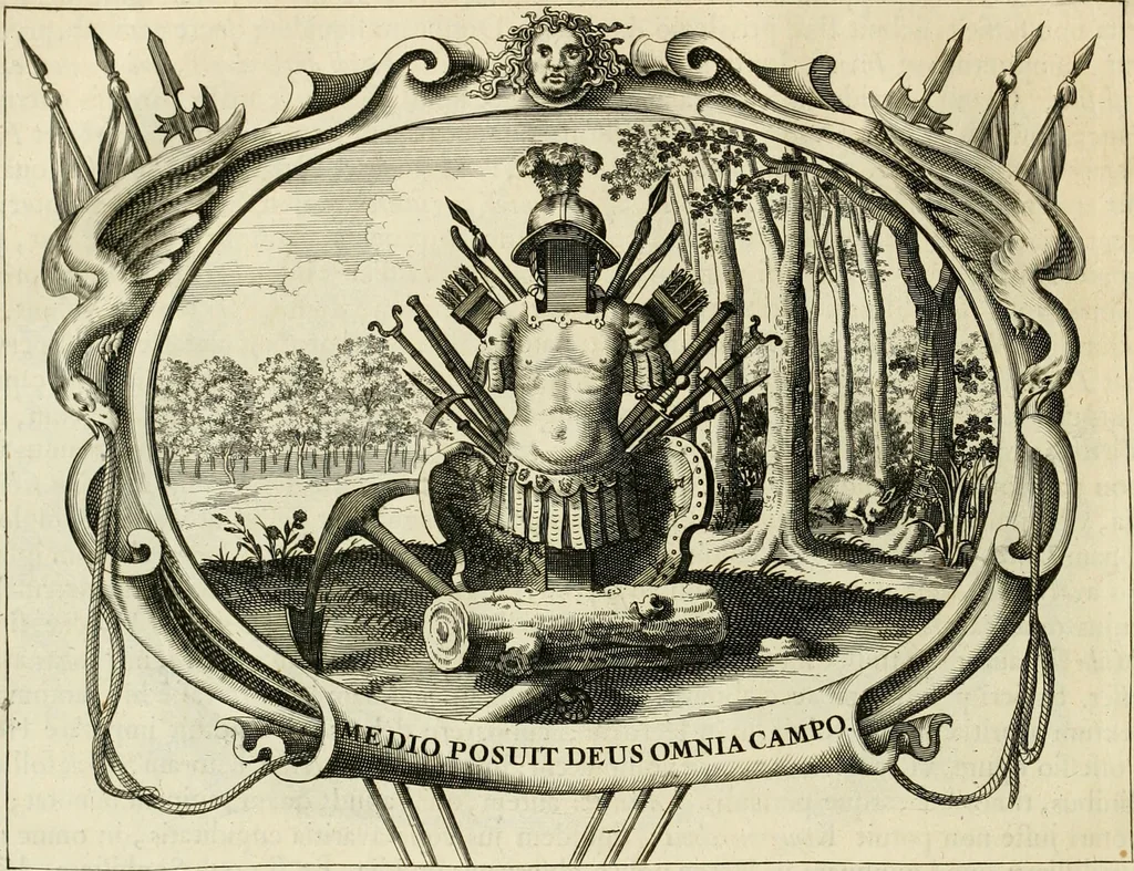 An illustration from Panegyricus aeternaturae gloriae invictissimo semper hostium triumphatori ... Ioanni Christophoro Königsmarchio ... destinatus : atq[ue] hoc die, qui laudum ipsius primus factorum supremus est, non dolori at solatio, non funeri sed splendori, coelo orbi posteris in gloriam famam exemplum expositus ..., 1663, leaf 101