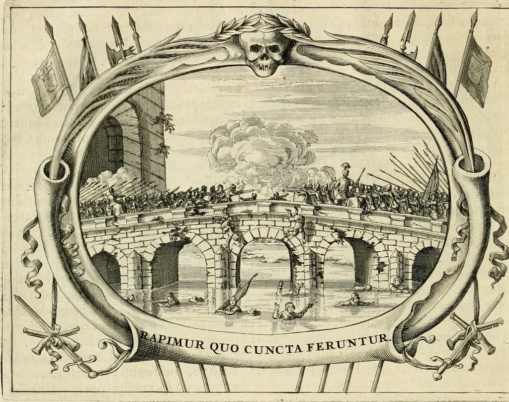 An illustration from Panegyricus aeternaturae gloriae invictissimo semper hostium triumphatori ... Ioanni Christophoro Königsmarchio ... destinatus : atq[ue] hoc die, qui laudum ipsius primus factorum supremus est, non dolori at solatio, non funeri sed splendori, coelo orbi posteris in gloriam famam exemplum expositus ..., 1663, leaf 103