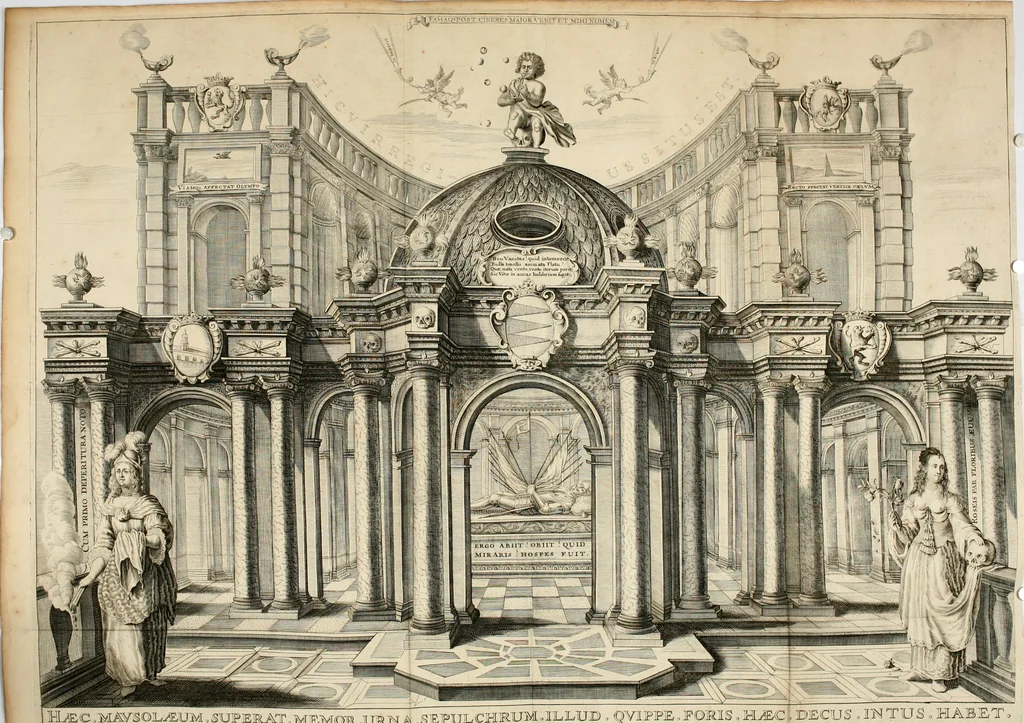 An illustration from Panegyricus aeternaturae gloriae invictissimo semper hostium triumphatori ... Ioanni Christophoro Königsmarchio ... destinatus : atq[ue] hoc die, qui laudum ipsius primus factorum supremus est, non dolori at solatio, non funeri sed splendori, coelo orbi posteris in gloriam famam exemplum expositus ..., 1663, leaf 107