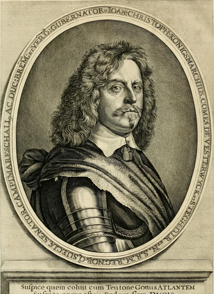 An illustration from Panegyricus aeternaturae gloriae invictissimo semper hostium triumphatori ... Ioanni Christophoro Königsmarchio ... destinatus : atq[ue] hoc die, qui laudum ipsius primus factorum supremus est, non dolori at solatio, non funeri sed splendori, coelo orbi posteris in gloriam famam exemplum expositus ..., 1663, leaf 11