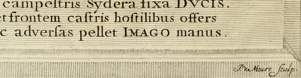 An illustration from Panegyricus aeternaturae gloriae invictissimo semper hostium triumphatori ... Ioanni Christophoro Königsmarchio ... destinatus : atq[ue] hoc die, qui laudum ipsius primus factorum supremus est, non dolori at solatio, non funeri sed splendori, coelo orbi posteris in gloriam famam exemplum expositus ..., 1663, leaf 11