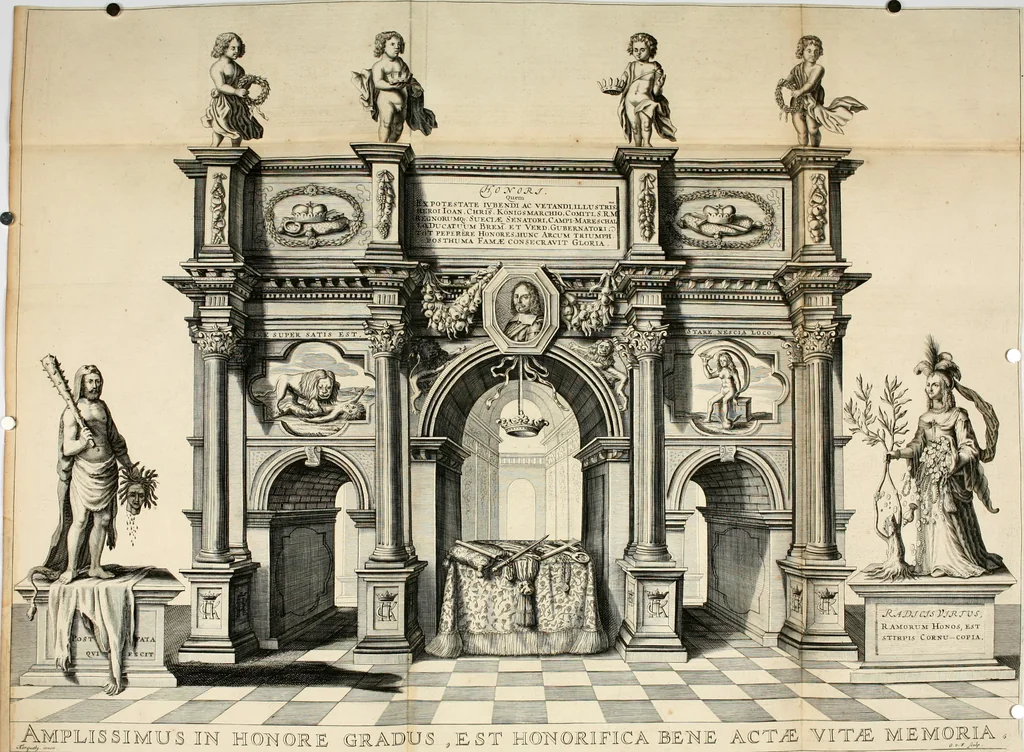 An illustration from Panegyricus aeternaturae gloriae invictissimo semper hostium triumphatori ... Ioanni Christophoro Königsmarchio ... destinatus : atq[ue] hoc die, qui laudum ipsius primus factorum supremus est, non dolori at solatio, non funeri sed splendori, coelo orbi posteris in gloriam famam exemplum expositus ..., 1663, leaf 119