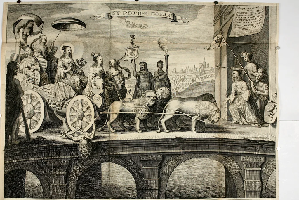 An illustration from Panegyricus aeternaturae gloriae invictissimo semper hostium triumphatori ... Ioanni Christophoro Königsmarchio ... destinatus : atq[ue] hoc die, qui laudum ipsius primus factorum supremus est, non dolori at solatio, non funeri sed splendori, coelo orbi posteris in gloriam famam exemplum expositus ..., 1663, leaf 123