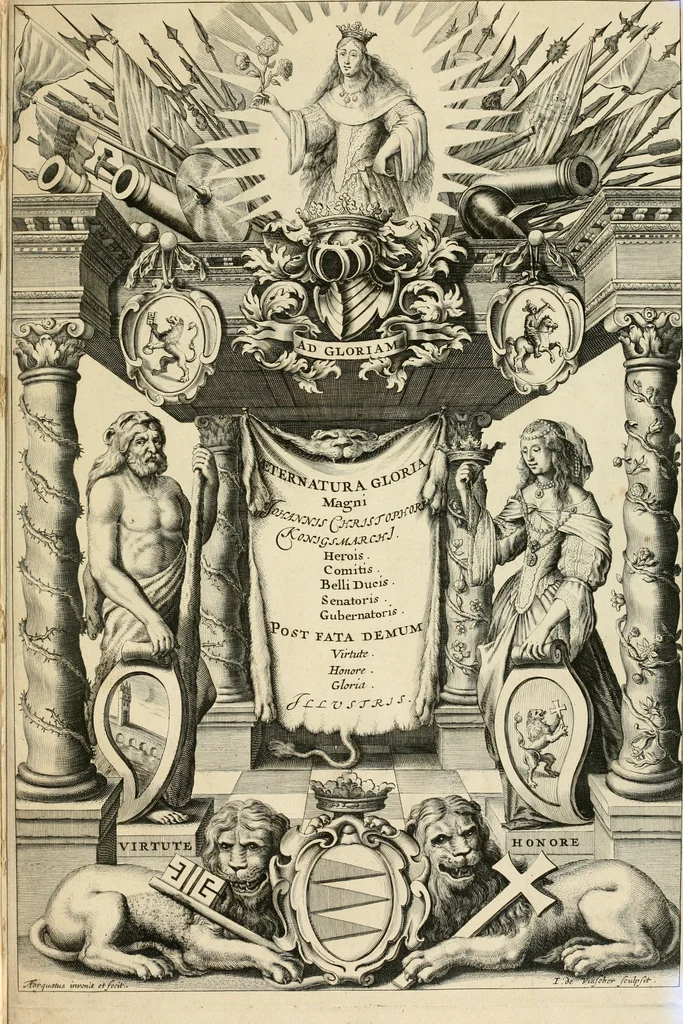 An illustration from Panegyricus aeternaturae gloriae invictissimo semper hostium triumphatori ... Ioanni Christophoro Königsmarchio ... destinatus : atq[ue] hoc die, qui laudum ipsius primus factorum supremus est, non dolori at solatio, non funeri sed splendori, coelo orbi posteris in gloriam famam exemplum expositus ..., 1663, leaf 4
