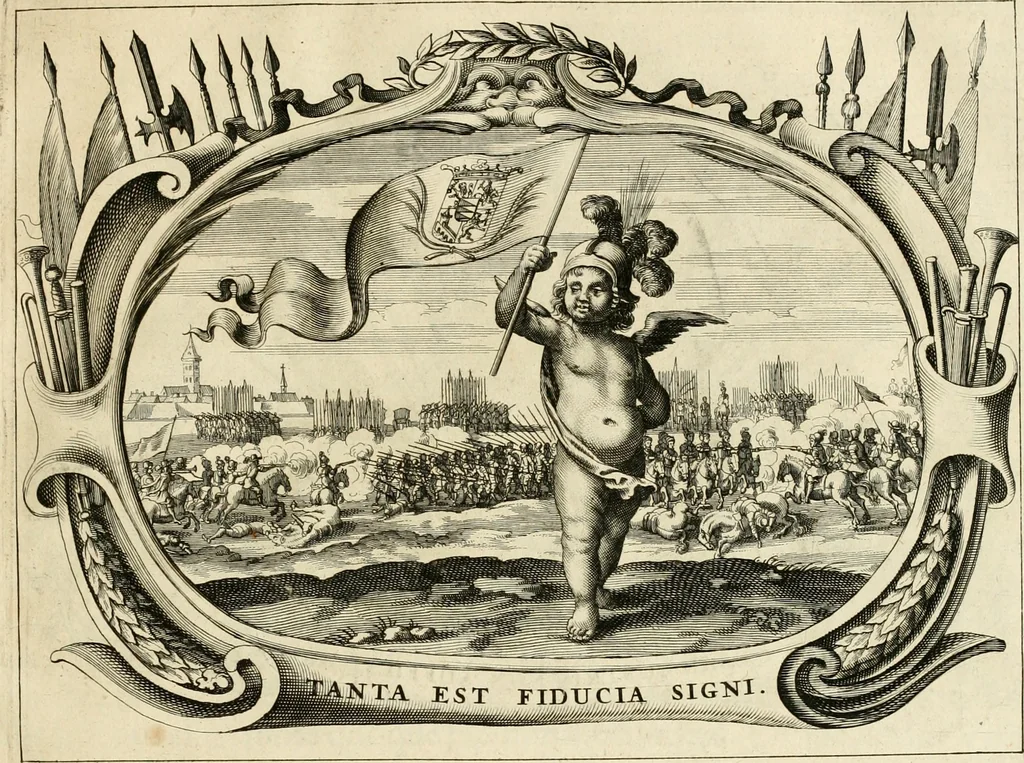 An illustration from Panegyricus aeternaturae gloriae invictissimo semper hostium triumphatori ... Ioanni Christophoro Königsmarchio ... destinatus : atq[ue] hoc die, qui laudum ipsius primus factorum supremus est, non dolori at solatio, non funeri sed splendori, coelo orbi posteris in gloriam famam exemplum expositus ..., 1663, leaf 82