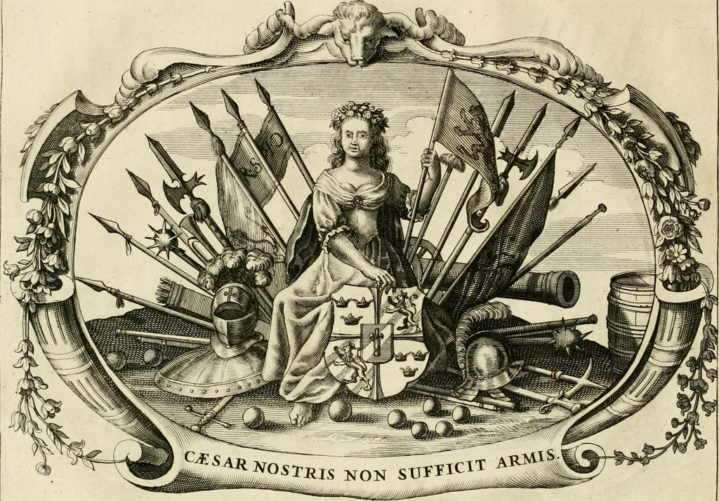 An illustration from Panegyricus aeternaturae gloriae invictissimo semper hostium triumphatori ... Ioanni Christophoro Königsmarchio ... destinatus : atq[ue] hoc die, qui laudum ipsius primus factorum supremus est, non dolori at solatio, non funeri sed splendori, coelo orbi posteris in gloriam famam exemplum expositus ..., 1663, leaf 83