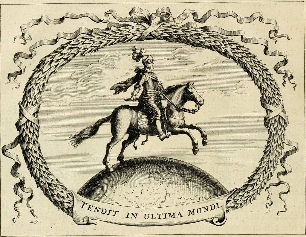 An illustration from Panegyricus aeternaturae gloriae invictissimo semper hostium triumphatori ... Ioanni Christophoro Königsmarchio ... destinatus : atq[ue] hoc die, qui laudum ipsius primus factorum supremus est, non dolori at solatio, non funeri sed splendori, coelo orbi posteris in gloriam famam exemplum expositus ..., 1663, leaf 85