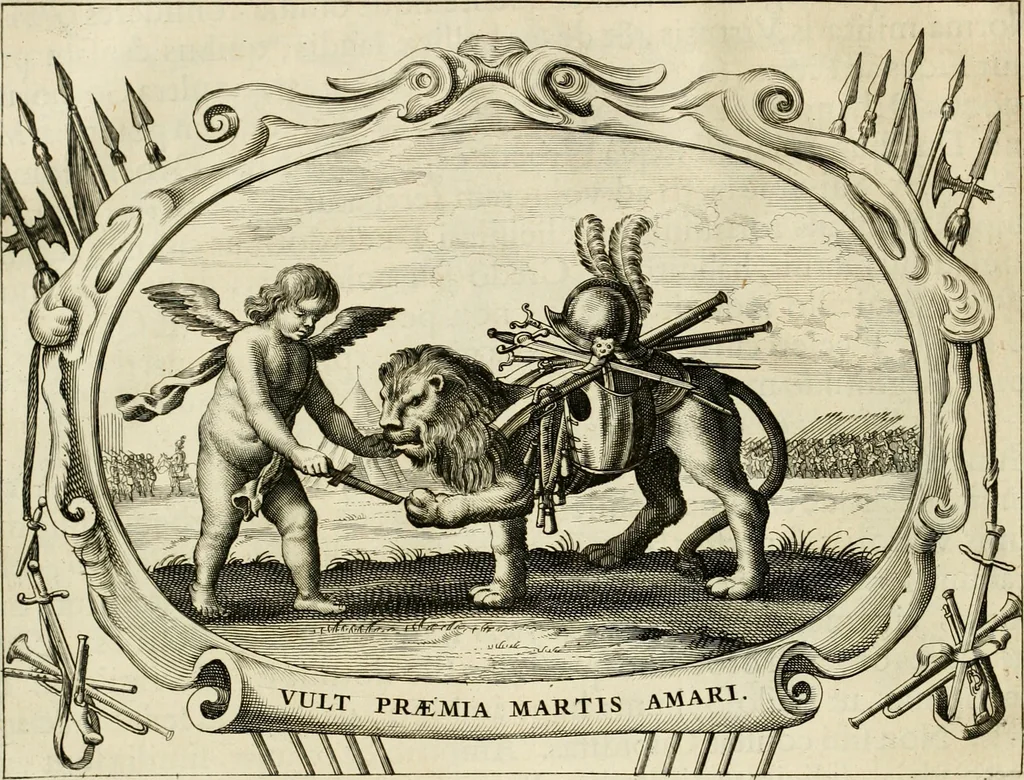 An illustration from Panegyricus aeternaturae gloriae invictissimo semper hostium triumphatori ... Ioanni Christophoro Königsmarchio ... destinatus : atq[ue] hoc die, qui laudum ipsius primus factorum supremus est, non dolori at solatio, non funeri sed splendori, coelo orbi posteris in gloriam famam exemplum expositus ..., 1663, leaf 87