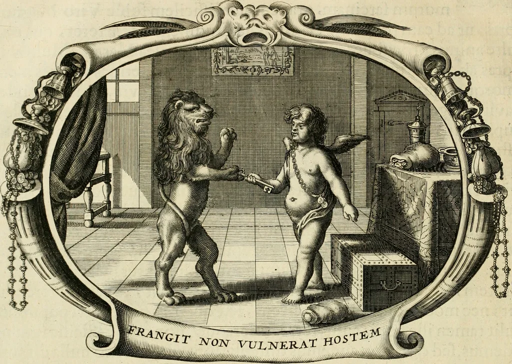 An illustration from Panegyricus aeternaturae gloriae invictissimo semper hostium triumphatori ... Ioanni Christophoro Königsmarchio ... destinatus : atq[ue] hoc die, qui laudum ipsius primus factorum supremus est, non dolori at solatio, non funeri sed splendori, coelo orbi posteris in gloriam famam exemplum expositus ..., 1663, leaf 89