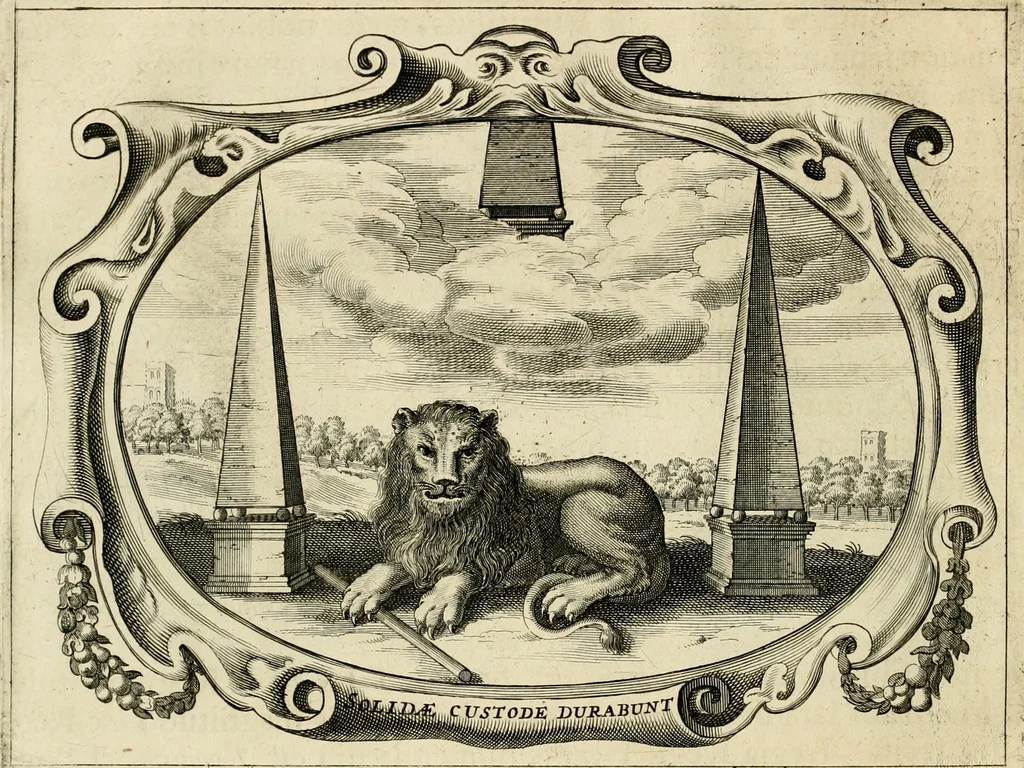 An illustration from Panegyricus aeternaturae gloriae invictissimo semper hostium triumphatori ... Ioanni Christophoro Königsmarchio ... destinatus : atq[ue] hoc die, qui laudum ipsius primus factorum supremus est, non dolori at solatio, non funeri sed splendori, coelo orbi posteris in gloriam famam exemplum expositus ..., 1663, leaf 95