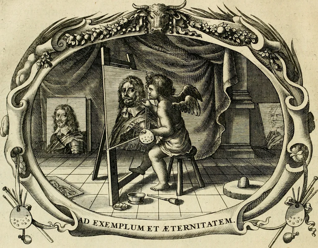An illustration from Panegyricus aeternaturae gloriae invictissimo semper hostium triumphatori ... Ioanni Christophoro Königsmarchio ... destinatus : atq[ue] hoc die, qui laudum ipsius primus factorum supremus est, non dolori at solatio, non funeri sed splendori, coelo orbi posteris in gloriam famam exemplum expositus ..., 1663, leaf 97