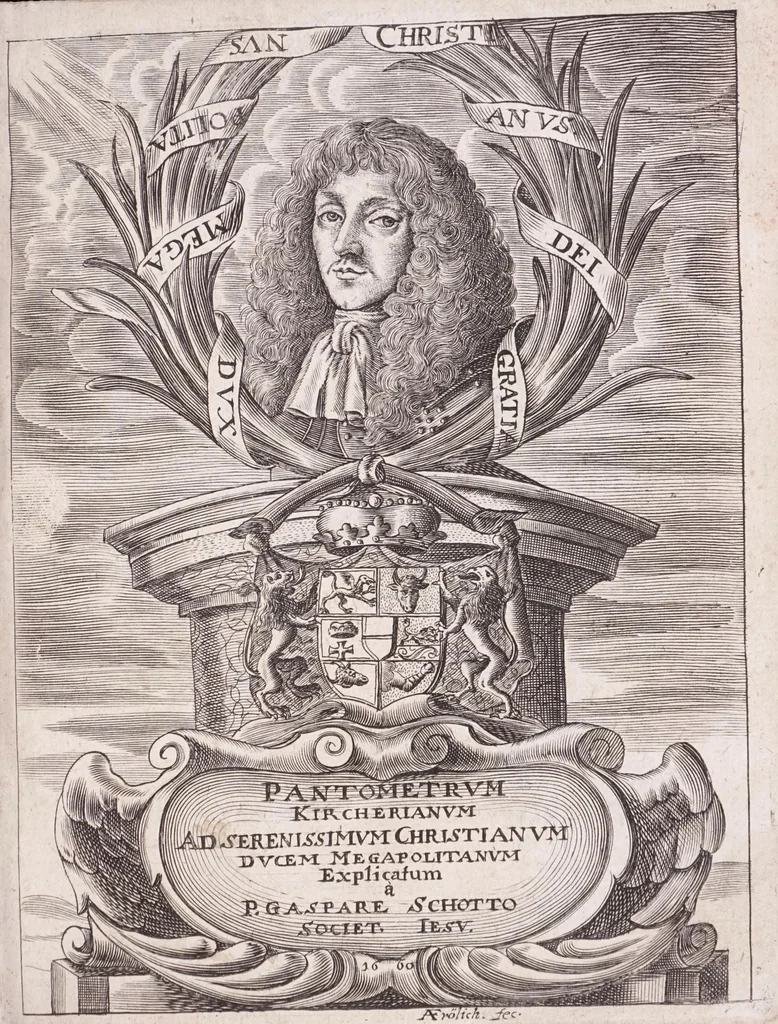 An illustration from Pantometrum Kircherianum, hoc est, Instrumentum geometricum novum à celeberrimo viro P. Athanasio Kirchero ante hac inventum : nunc decem libris, universam paenè practicam geometriam complectentibus explicatum, perspicuisque demonstrationibus illustratum, 1660, leaf 5