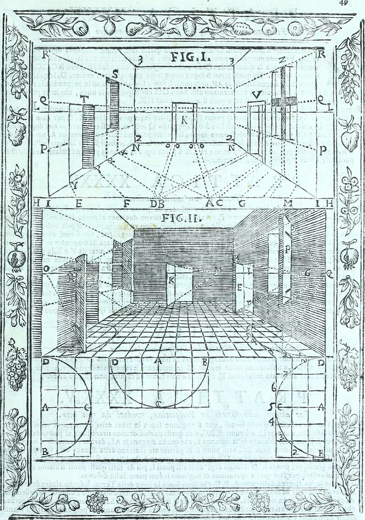 An illustration from Paradossi per pratticare la prospettiva senza saperla, fiori, per facilitare l'intelligenza, frvtti, per non operare alla cieca : cognitioni necessarie a pittori, scultori, architetti, ed à qualunque si diletta di disegno, 1672, leaf 112