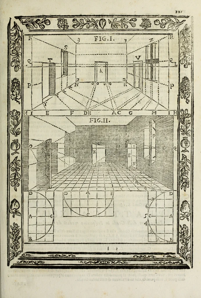 An illustration from Paradossi per pratticare la prospettiua senza saperla, fiori, per facilitare l'intelligenza, frutti, per non operare alla cieca : cognitioni necessarie à pittori, scultori, architetti, ed à qualunque si diletta di disegno, 1683, leaf 112