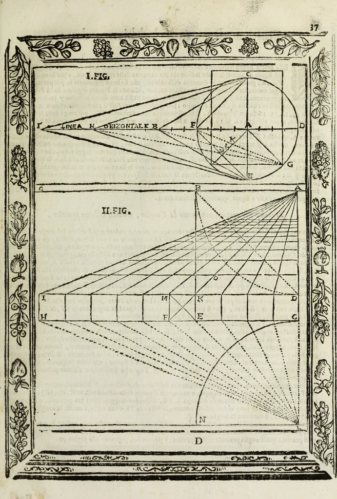 An illustration from Paradossi per pratticare la prospettiua senza saperla, fiori, per facilitare l'intelligenza, frutti, per non operare alla cieca : cognitioni necessarie à pittori, scultori, architetti, ed à qualunque si diletta di disegno, 1683, leaf 48