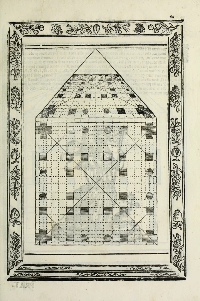 An illustration from Paradossi per pratticare la prospettiua senza saperla, fiori, per facilitare l'intelligenza, frutti, per non operare alla cieca : cognitioni necessarie à pittori, scultori, architetti, ed à qualunque si diletta di disegno, 1683, leaf 80