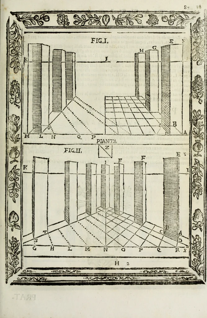 An illustration from Paradossi per pratticare la prospettiua senza saperla, fiori, per facilitare l'intelligenza, frutti, per non operare alla cieca : cognitioni necessarie à pittori, scultori, architetti, ed à qualunque si diletta di disegno, 1683, leaf 98