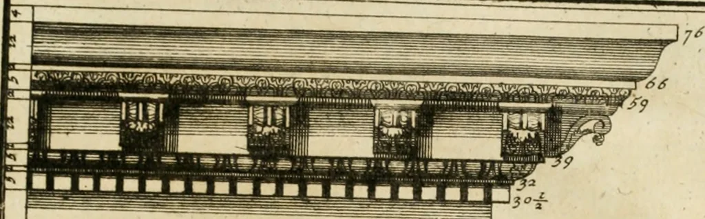 An illustration from Parallele de l'architecture antique avec la moderne : suivant les dix principaux auteurs qui ont écrit sur les cinq ordres, 1766, leaf 218
