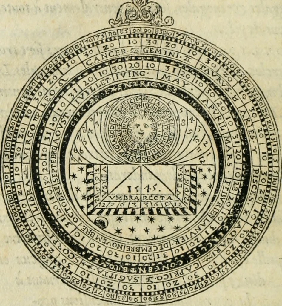 An illustration from Paraphrase de l'astrolabe, contenant Les principes de geometrie. La sphere. L'astrolabe, ou, declaration des choses celestes. Le miroir du monde, ou, exposition des parties de la terre, 1546, leaf 43
