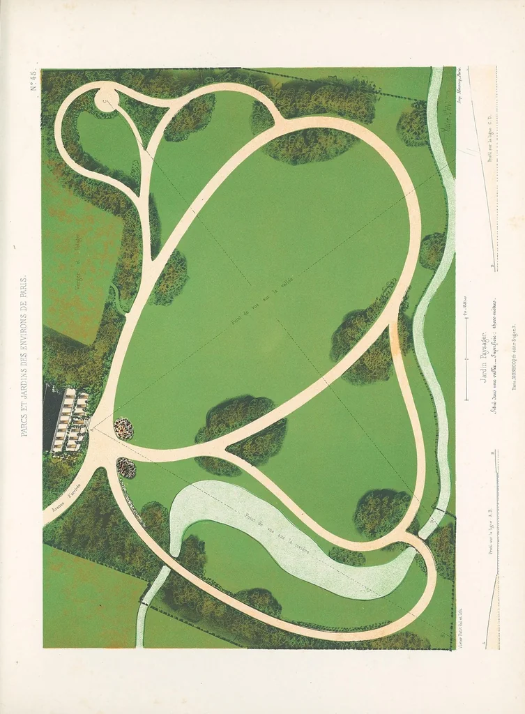 An illustration from Parcs et jardins des environs de Paris : Nouveau recueil de plans de jardins et petits parcs, dessinés à vol d'oiseau dans les genres français, anglais, suisse, etc. : variés de forme et de grandeur et accompagnés de constructions formant l'ornementation des jardins, pavillons, chalets, chaumières, kiosques, belvédères, orangeries, serres, pigeonniers, ponts, cascades, rochers, grottes, berceaux, etc., leaf 103