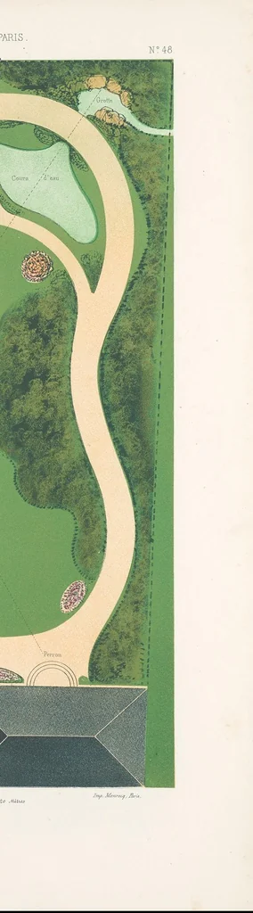 An illustration from Parcs et jardins des environs de Paris : Nouveau recueil de plans de jardins et petits parcs, dessinés à vol d'oiseau dans les genres français, anglais, suisse, etc. : variés de forme et de grandeur et accompagnés de constructions formant l'ornementation des jardins, pavillons, chalets, chaumières, kiosques, belvédères, orangeries, serres, pigeonniers, ponts, cascades, rochers, grottes, berceaux, etc., leaf 109