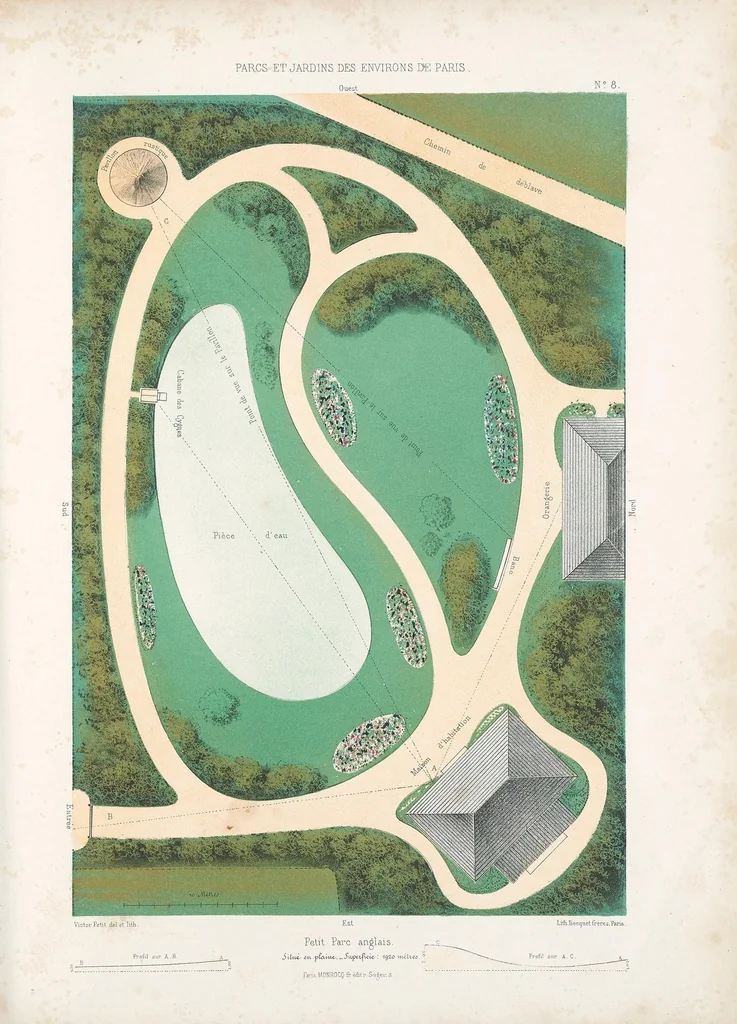 An illustration from Parcs et jardins des environs de Paris : Nouveau recueil de plans de jardins et petits parcs, dessinés à vol d'oiseau dans les genres français, anglais, suisse, etc. : variés de forme et de grandeur et accompagnés de constructions formant l'ornementation des jardins, pavillons, chalets, chaumières, kiosques, belvédères, orangeries, serres, pigeonniers, ponts, cascades, rochers, grottes, berceaux, etc., leaf 29