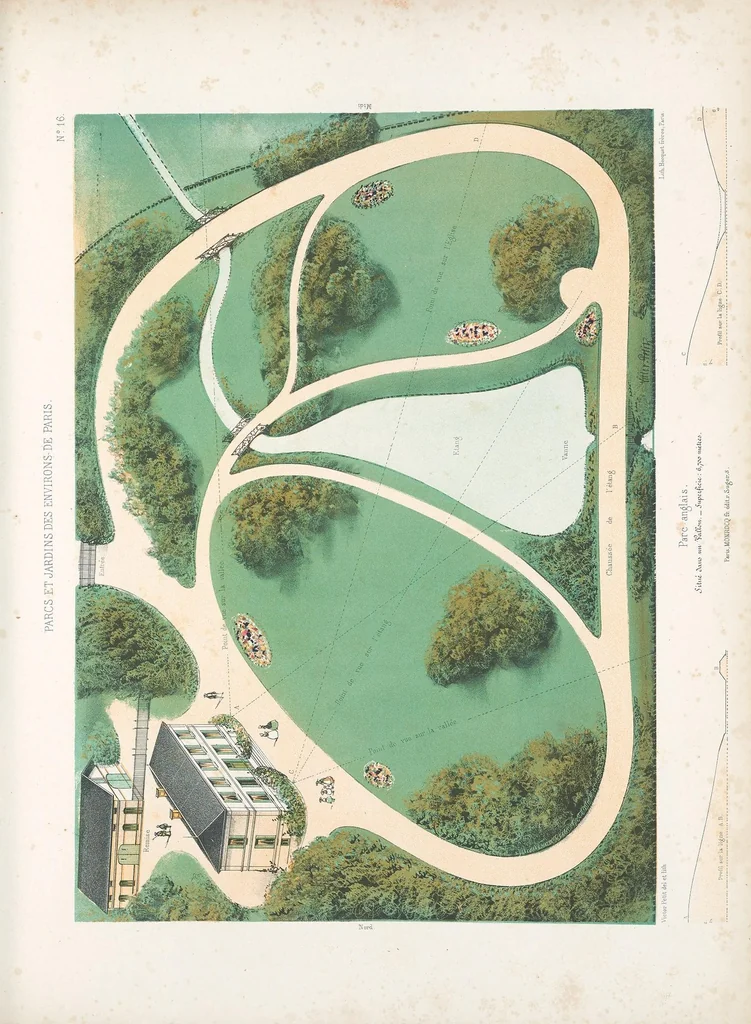 An illustration from Parcs et jardins des environs de Paris : Nouveau recueil de plans de jardins et petits parcs, dessinés à vol d'oiseau dans les genres français, anglais, suisse, etc. : variés de forme et de grandeur et accompagnés de constructions formant l'ornementation des jardins, pavillons, chalets, chaumières, kiosques, belvédères, orangeries, serres, pigeonniers, ponts, cascades, rochers, grottes, berceaux, etc., leaf 45