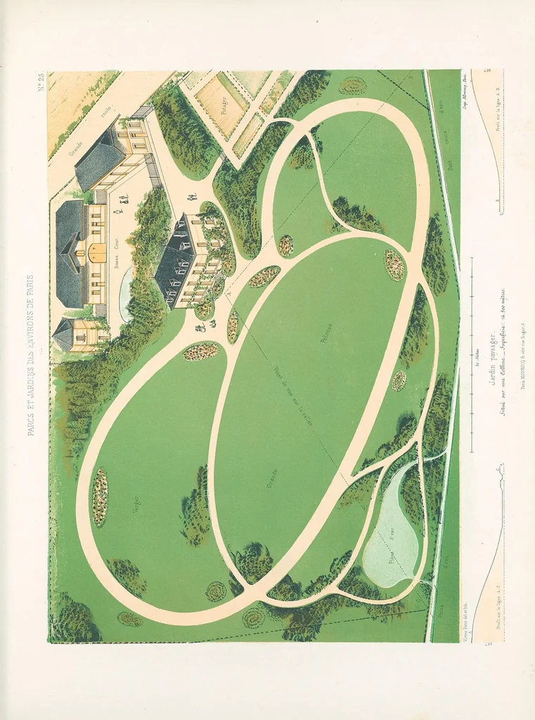 An illustration from Parcs et jardins des environs de Paris : Nouveau recueil de plans de jardins et petits parcs, dessinés à vol d'oiseau dans les genres français, anglais, suisse, etc. : variés de forme et de grandeur et accompagnés de constructions formant l'ornementation des jardins, pavillons, chalets, chaumières, kiosques, belvédères, orangeries, serres, pigeonniers, ponts, cascades, rochers, grottes, berceaux, etc., leaf 63
