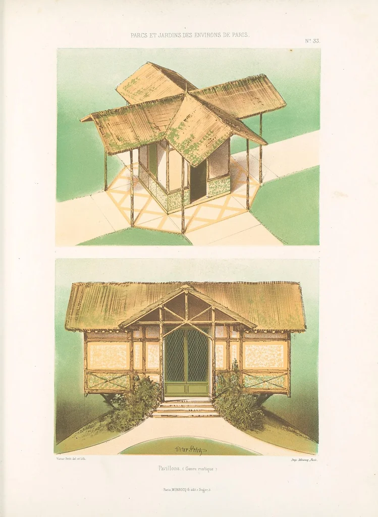 An illustration from Parcs et jardins des environs de Paris : Nouveau recueil de plans de jardins et petits parcs, dessinés à vol d'oiseau dans les genres français, anglais, suisse, etc. : variés de forme et de grandeur et accompagnés de constructions formant l'ornementation des jardins, pavillons, chalets, chaumières, kiosques, belvédères, orangeries, serres, pigeonniers, ponts, cascades, rochers, grottes, berceaux, etc., leaf 79