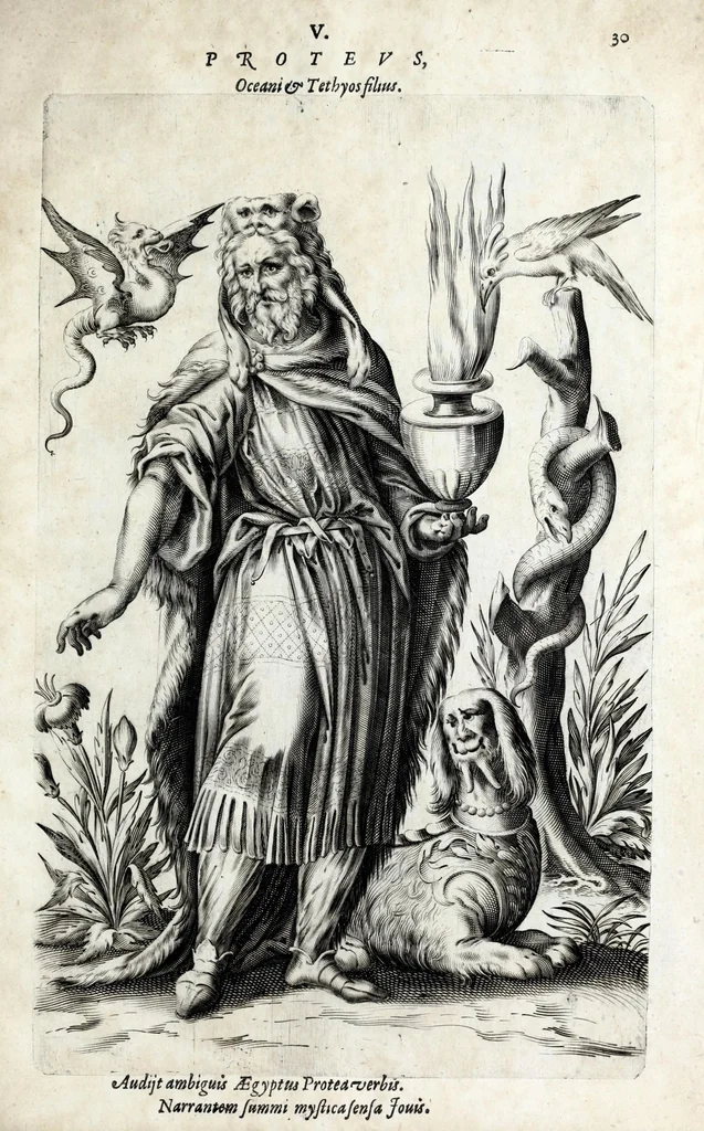 An illustration from Parnassus biceps : in cujus priore jugo musarum deorumque praesidum Hippocrenes : in altero deorum fatidicorum phoebadum, et vatum illustriorum qui priscis seculis oraculis, & praedictionibus claruerunt imagines proponuntur, & distichis latinis explicantur, 1627, leaf 105