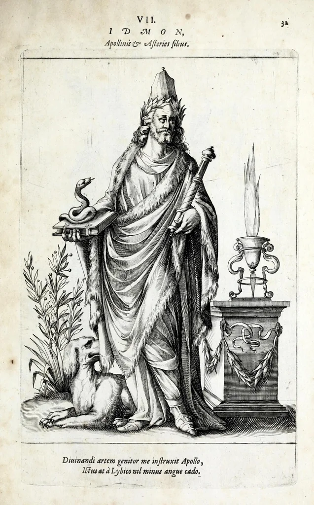 An illustration from Parnassus biceps : in cujus priore jugo musarum deorumque praesidum Hippocrenes : in altero deorum fatidicorum phoebadum, et vatum illustriorum qui priscis seculis oraculis, & praedictionibus claruerunt imagines proponuntur, & distichis latinis explicantur, 1627, leaf 111