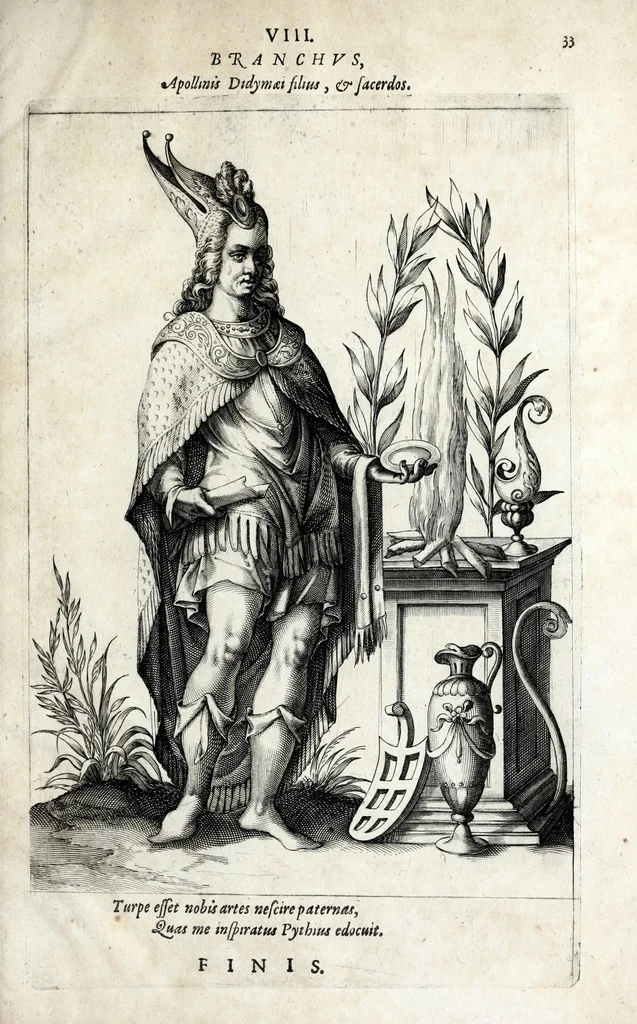 An illustration from Parnassus biceps : in cujus priore jugo musarum deorumque praesidum Hippocrenes : in altero deorum fatidicorum phoebadum, et vatum illustriorum qui priscis seculis oraculis, & praedictionibus claruerunt imagines proponuntur, & distichis latinis explicantur, 1627, leaf 113