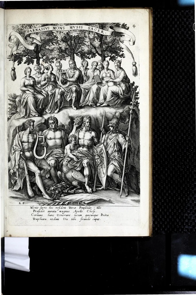 An illustration from Parnassus biceps : in cujus priore jugo musarum deorumque praesidum Hippocrenes : in altero deorum fatidicorum phoebadum, et vatum illustriorum qui priscis seculis oraculis, & praedictionibus claruerunt imagines proponuntur, & distichis latinis explicantur, 1627, leaf 41