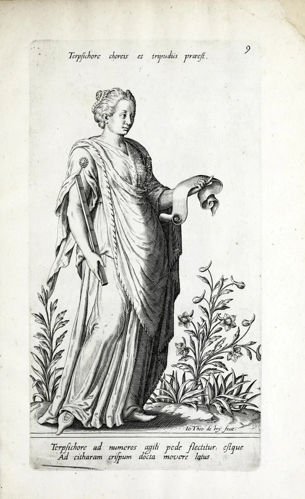 An illustration from Parnassus biceps : in cujus priore jugo musarum deorumque praesidum Hippocrenes : in altero deorum fatidicorum phoebadum, et vatum illustriorum qui priscis seculis oraculis, & praedictionibus claruerunt imagines proponuntur, & distichis latinis explicantur, 1627, leaf 53