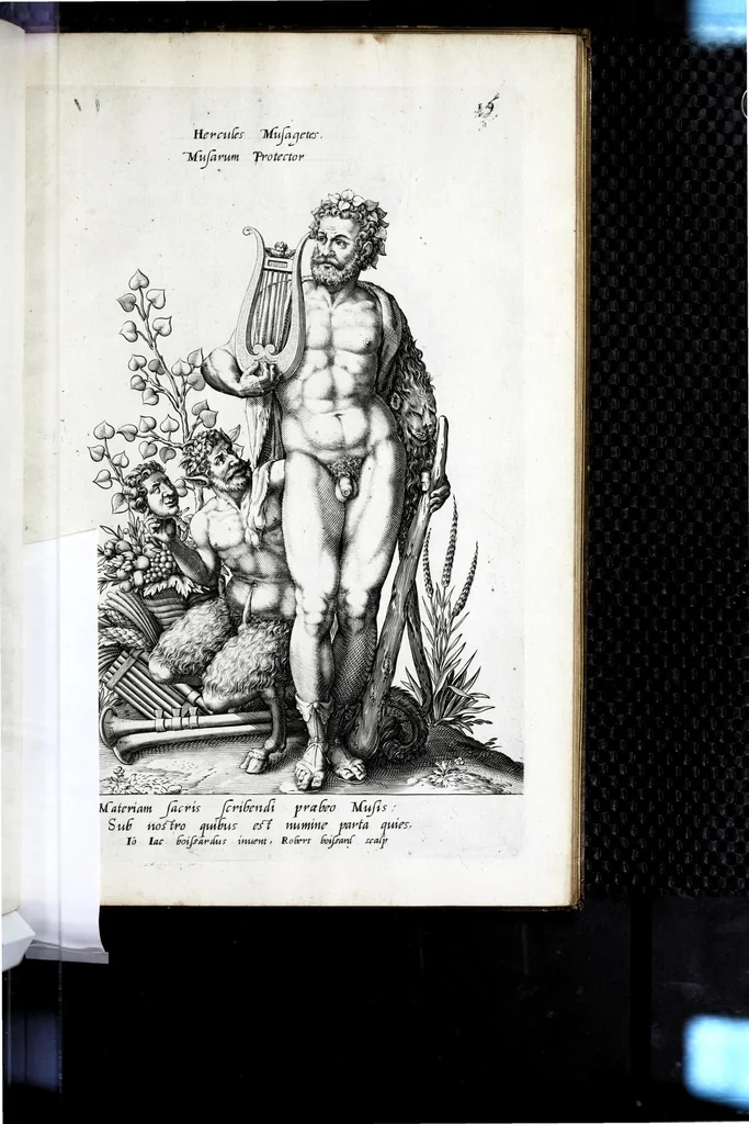 An illustration from Parnassus biceps : in cujus priore jugo musarum deorumque praesidum Hippocrenes : in altero deorum fatidicorum phoebadum, et vatum illustriorum qui priscis seculis oraculis, & praedictionibus claruerunt imagines proponuntur, & distichis latinis explicantur, 1627, leaf 67