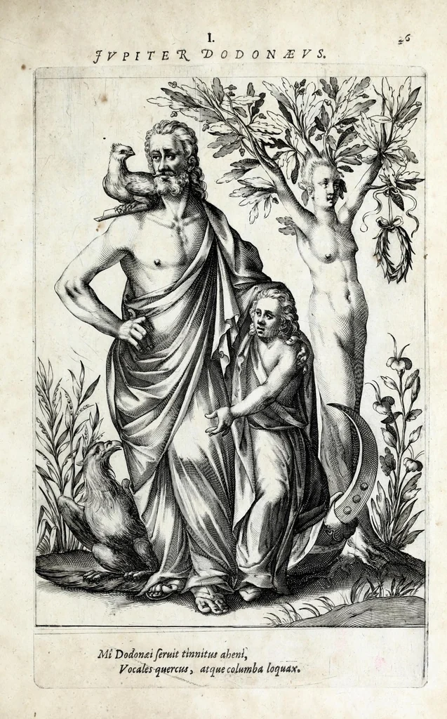 An illustration from Parnassus biceps : in cujus priore jugo musarum deorumque praesidum Hippocrenes : in altero deorum fatidicorum phoebadum, et vatum illustriorum qui priscis seculis oraculis, & praedictionibus claruerunt imagines proponuntur, & distichis latinis explicantur, 1627, leaf 97