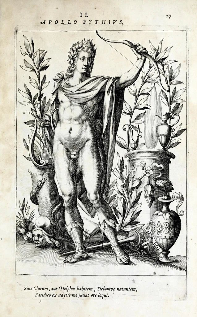 An illustration from Parnassus biceps : in cujus priore jugo musarum deorumque praesidum Hippocrenes : in altero deorum fatidicorum phoebadum, et vatum illustriorum qui priscis seculis oraculis, & praedictionibus claruerunt imagines proponuntur, & distichis latinis explicantur, 1627, leaf 99