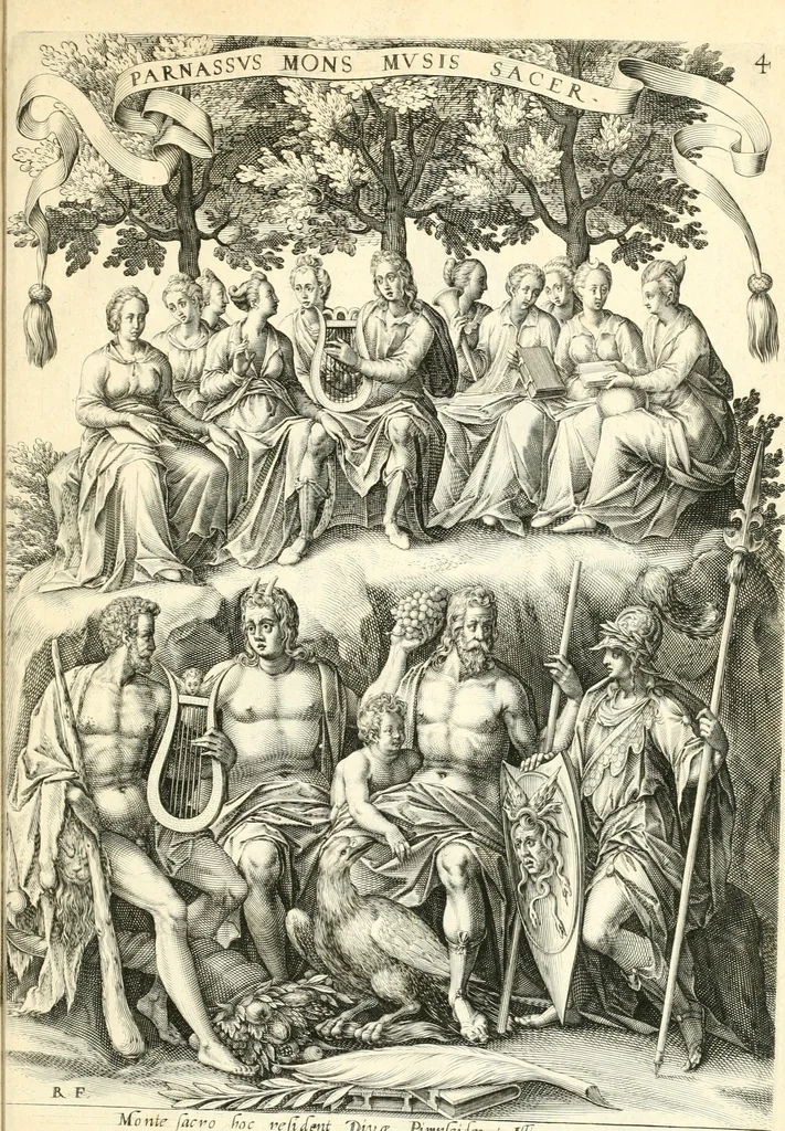 An illustration from Parnassvs cum imaginibus mvsarvm deorumq[ue] praesidum Hippocrenes : omnia depicta sunt, & distichis latinis illustrata, 1601, leaf 32