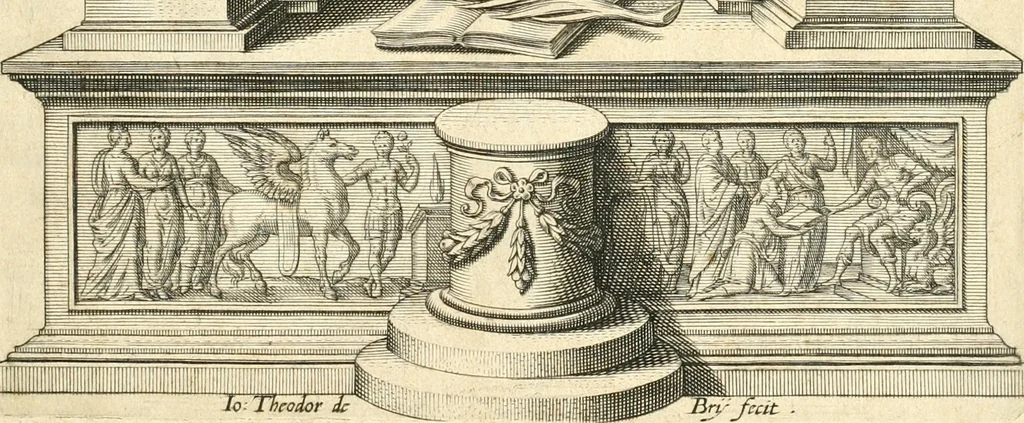 An illustration from Parnassvs cum imaginibus mvsarvm deorumq[ue] praesidum Hippocrenes : omnia depicta sunt, & distichis latinis illustrata, 1601, leaf 6