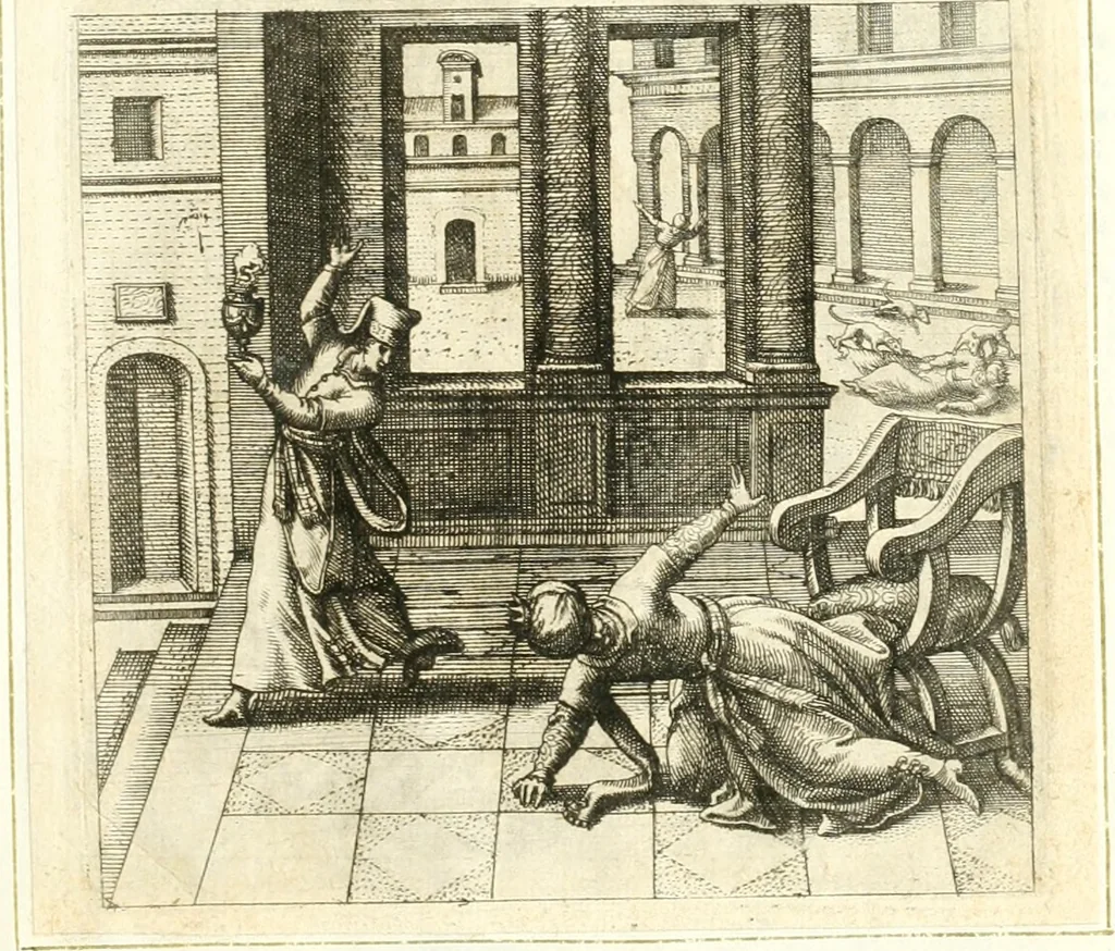 An illustration from Parnassvs cum imaginibus mvsarvm deorumq[ue] praesidum Hippocrenes : omnia depicta sunt, & distichis latinis illustrata, 1601, leaf 78