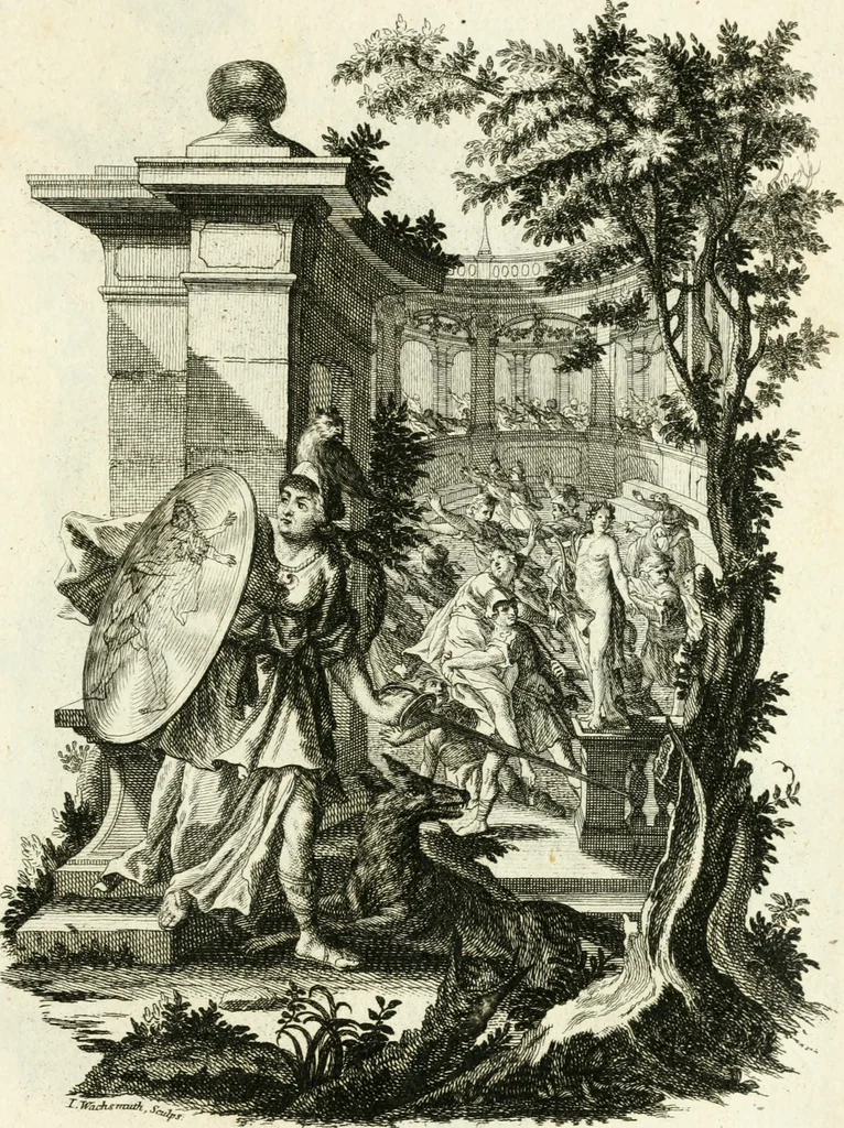 An illustration from Pars I. des berühmten italiänische[n] Ritters Caesaris Ripae, allerley Künsten und Wissenschafften dienlicher Sinnbildern und Gedancken : welchen jedesmahlen eine hierzu taugliche Historia oder Gleichnis beÿgefüget, 1758, leaf 154