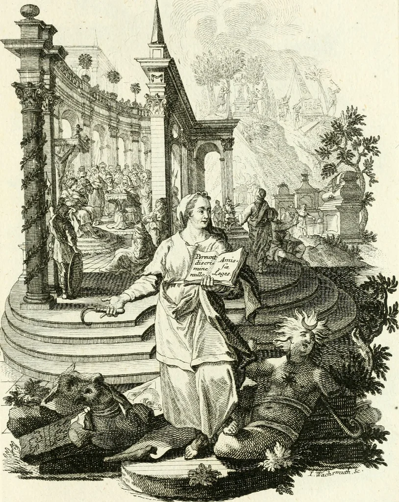 An illustration from Pars I. des berühmten italiänische[n] Ritters Caesaris Ripae, allerley Künsten und Wissenschafften dienlicher Sinnbildern und Gedancken : welchen jedesmahlen eine hierzu taugliche Historia oder Gleichnis beÿgefüget, 1758, leaf 212