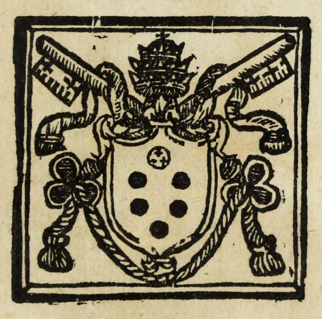 An illustration from Particolar notamento nel qvale s'ha piena e fedele cognitione di tvtti i nomi, cognomi, patrie, titoli, dignita, e promotioni secondo la uera precedenza, de'cardinali, ambasciadori, patriarchi, arcives[c]ovi, vescoui, abbati, generali, e theologi, che sono nel Concilio di Trento : insieme con gli officiali del giorno, che vi givnsero, e del numero de'seruidori e caualcature, che hoggi di vi tengono, 1562, leaf 3
