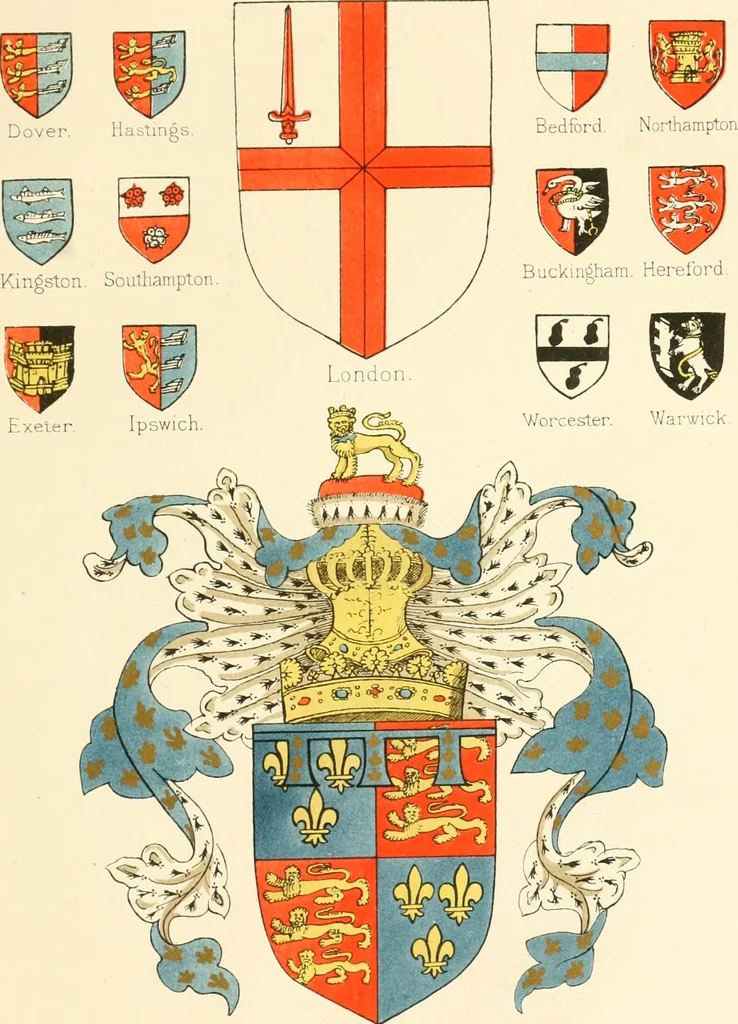An illustration from The particular description of England. 1588. With views of some of the chief towns and armorial bearings of nobles and bishops, 1879, leaf 100